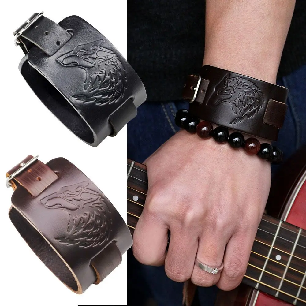 Мужской широкий браслет в ковбойском стиле черный/коричневый кожаный с пряжкой