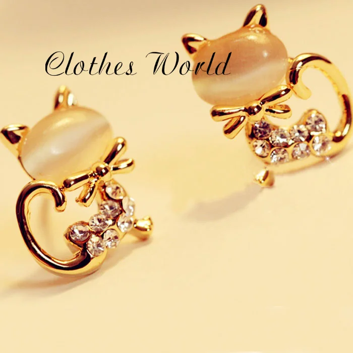 Корейские серьги модные милые кошачьи камни кристаллы стразы женские