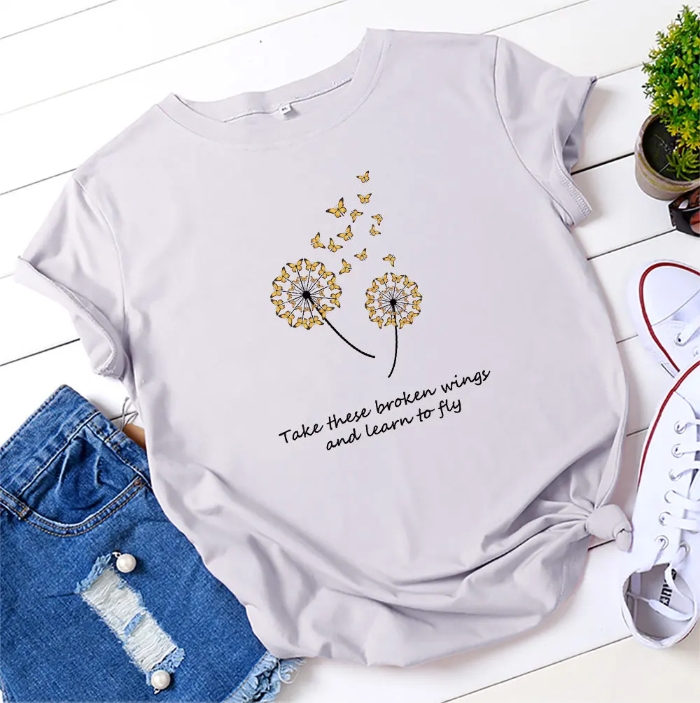 

Women Cotton T-Shirt Butterfly Dandelion Print Shirts Cute Graphic Short Sleeve Tees Tops Oversized Summer Round Neck Tshirt
