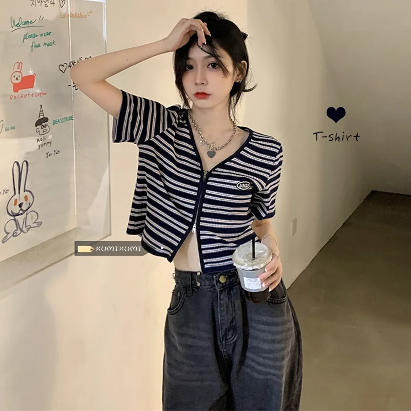 Женская летняя футболка в полоску кардиган на молнии с коротким рукавом короткий