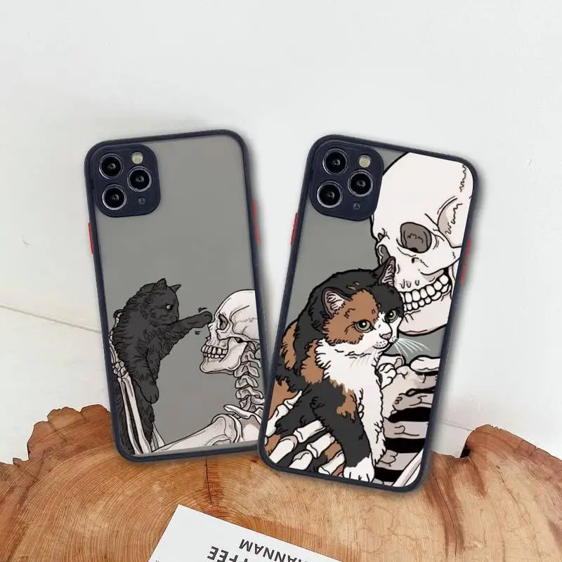 

Cute Cat and Skeleton Phone Case For iphone 13 12 11 Pro Max Mini XS 8 7 Plus X SE 2020 XR Matte Transparent Cover