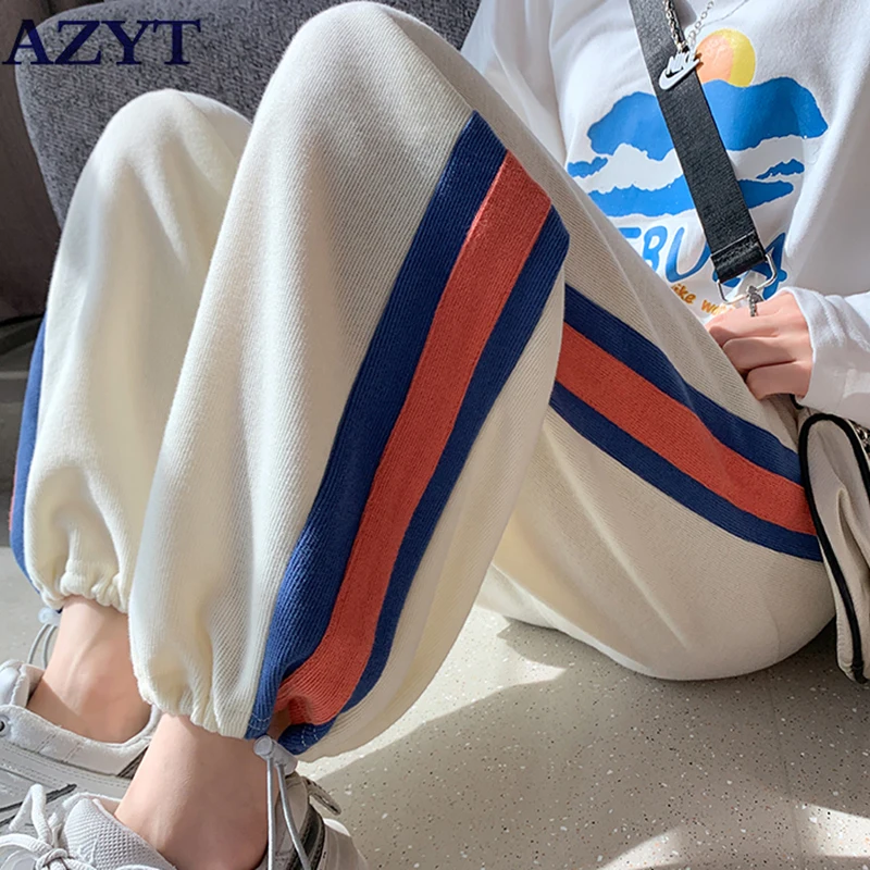

Женские повседневные полосатые спортивные брюки AZYT в стиле пэчворк, осень 2021, свободные прямые брюки с завязками, женские брюки с высокой та...