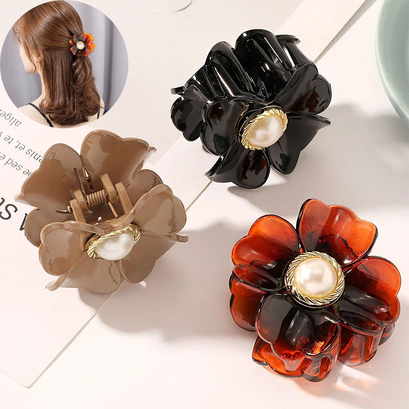 

Заколка для волос женская акриловая, элегантный зажим для волос с цветами, жемчужинами, Большие клешни, аксессуар для прически «конский хво...