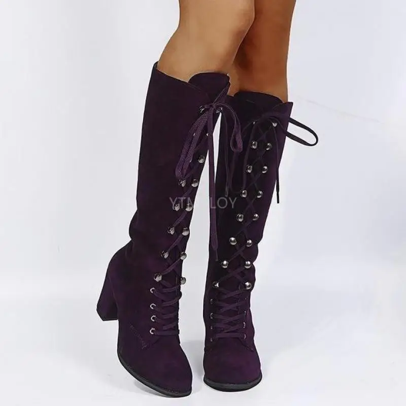 

Knee High Boots Autumn Winter Long Women High Heels Motorcycle Ladies Shoes Lace-up Round Toe Square Heel Botas Mujer
