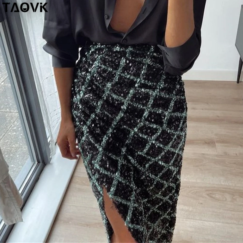 

TAOVK Women Lattice Sequins Side Split Skirts Elegant Mid Length Spring Sexy Famme Trend High Waist Slim Shinny Skirt