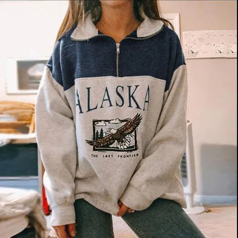 Autumn Women Hoodie Sweatshirt Vintage Casual Loose Stand Collar Zipper Letter Print Long Sleeve Oversized Tops Hoody Pullover