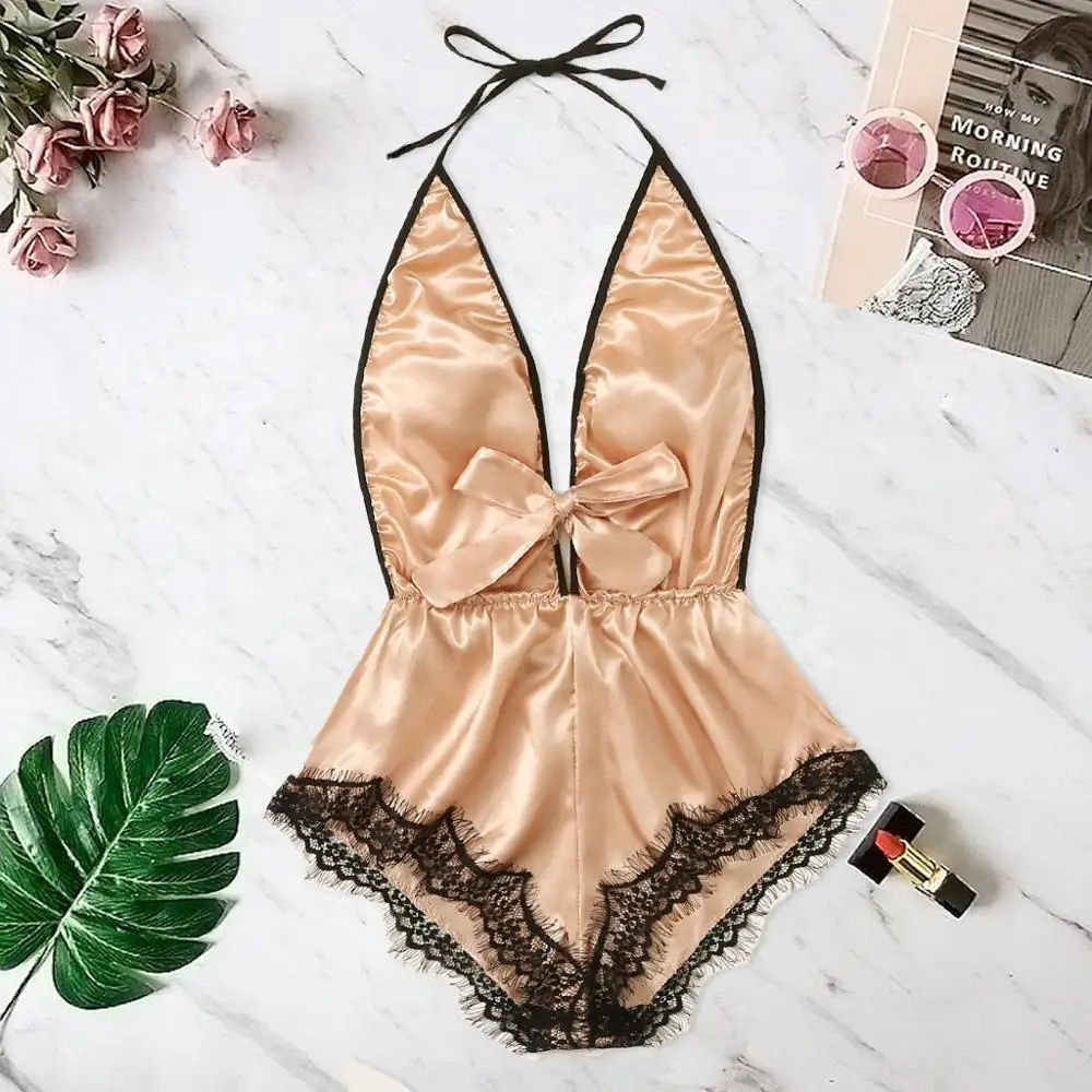 

Women Sleepwear Nightwear Printing V-Neck Lace Stain Bow Lingerie Bodysuit Sleepwear Pajamas Silk Jumpsuit Nuisette #2M23