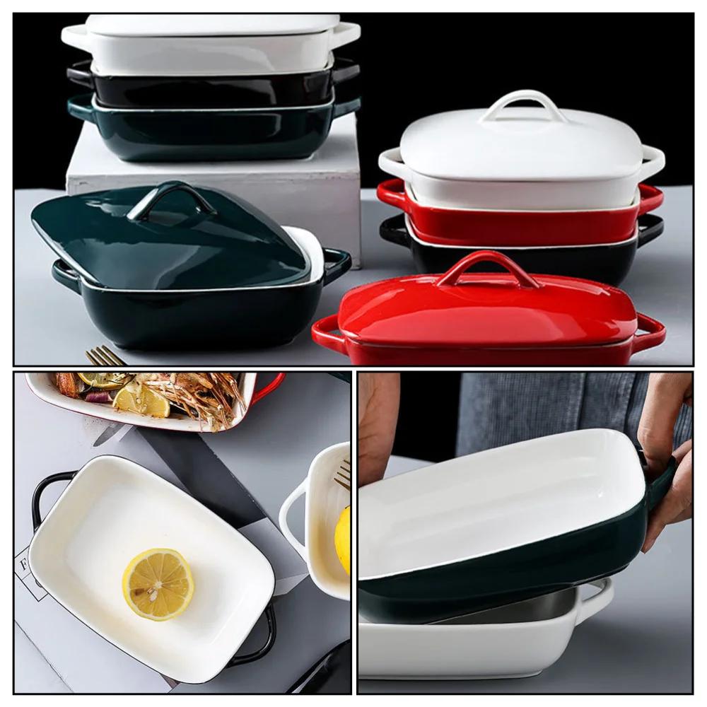 

Home Rectangular Bowl with Lid and Double Handles Baking Ceramic Rice Bowl