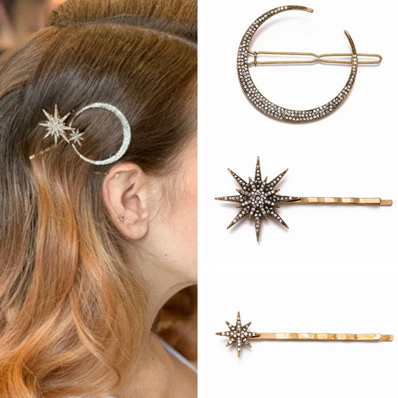

New Fashion Rhinestone Hair Clip Geometric Star Moon Shape Hairpin Headband Crystal Hair Accessories For Women Girls Headwear