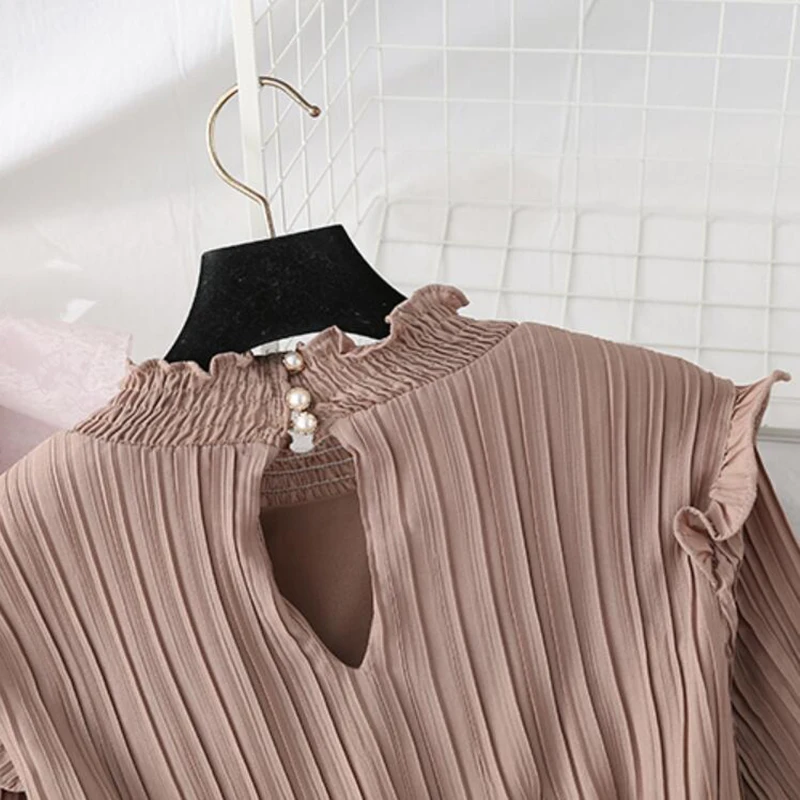 

Spring Women Dress Vintage Solid color Pleated Chiffon Dress Lotus leaf collar Long sleeve Loose Plus Size Dresses Vestidos