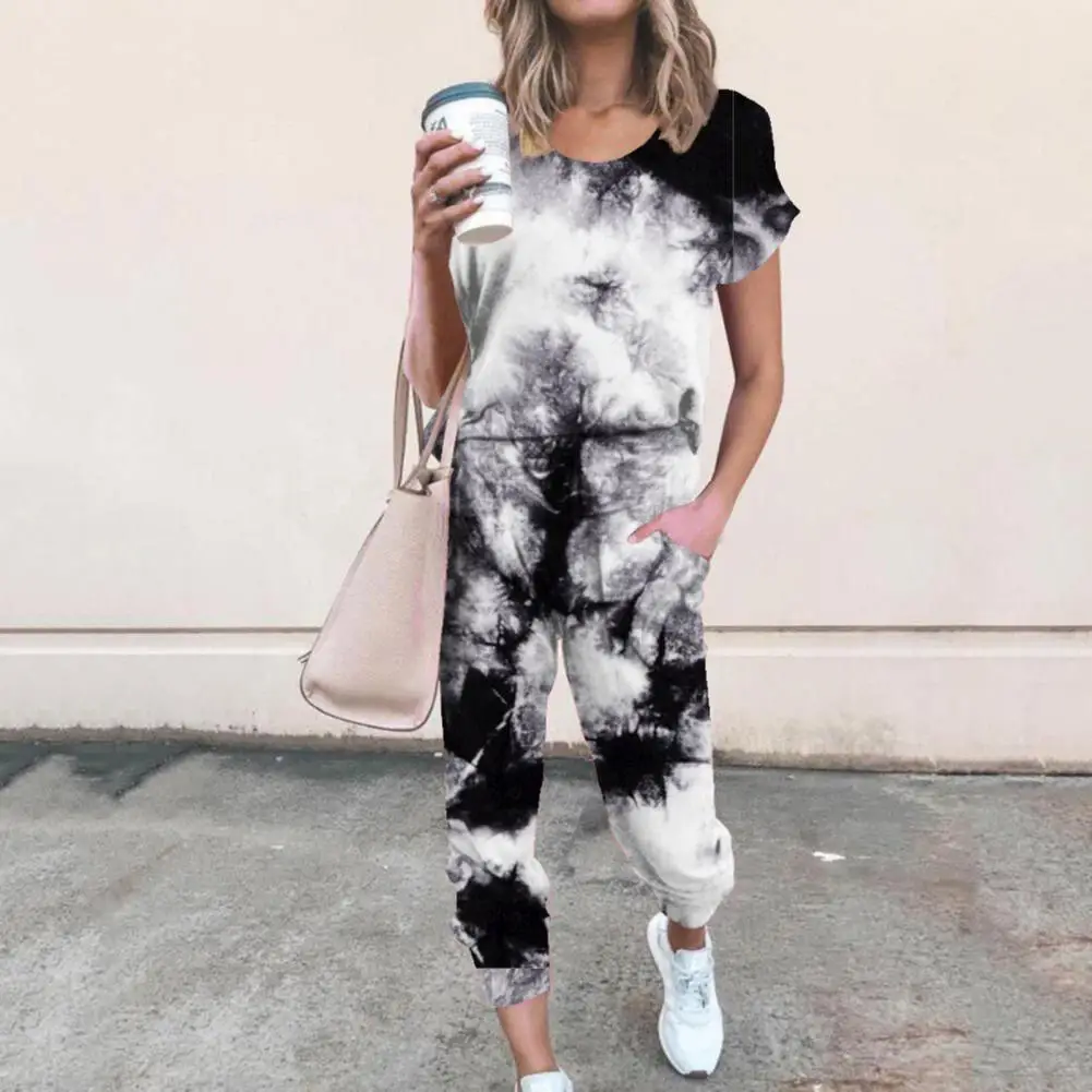 

Tracksuit Tie Dye Loose Sports Suit Women Short Sleeve T-shirt Drawstring Pants Outfit for Spring/Summer Women Clothing 2021