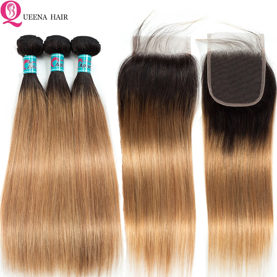 Ombre Bundles with Closure Frontal 1B/27 Blonde Straight Human Hair With Peruvian 3/4 | Шиньоны и парики