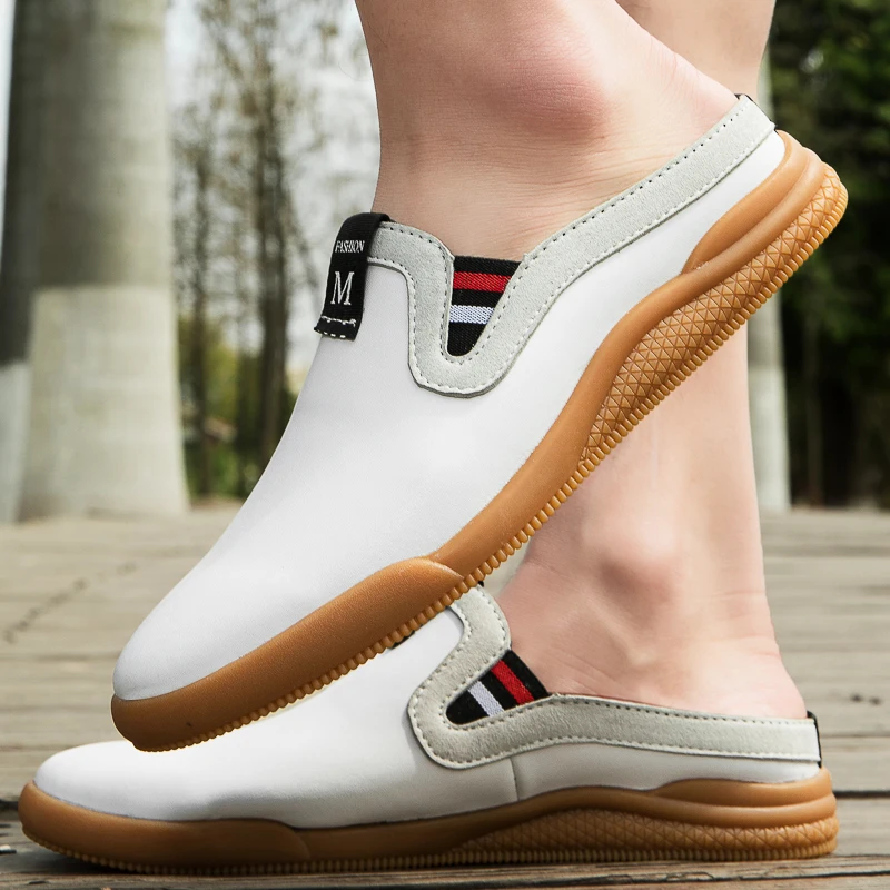 

Hot Sale Mens Half Slippers Fashion Hollow Leather Shoes for Men Half Drag Flats Men Shoes Breathable Youth Fashion Casual Shoe