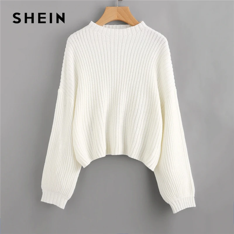 SHEIN белая капля плечо фонарь рукав Свитер оверсайз сплошной Женский свитер-пуловер Зимние Повседневные свитера с высоким воротом