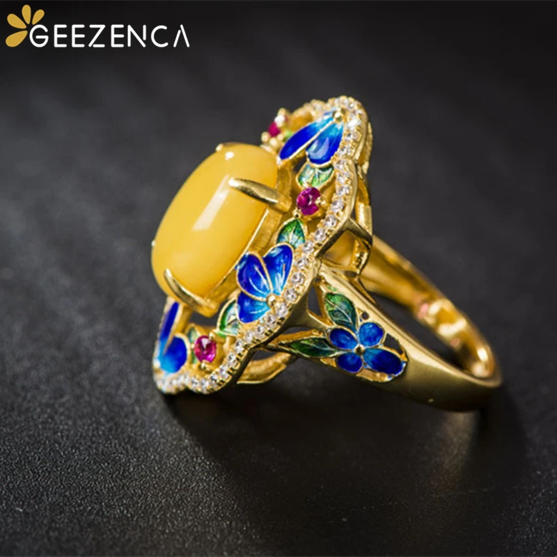 

Vintage Luxury 925 Sterling Silver Amber Gold-plated Ring Cloisonne Zircon Tourmaline Open Rings Fine Jewelry Women Party Gift