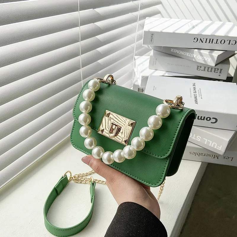 

Mini Women's Shoulder Bag Pearl Handbag and Purse Luxury Designer Chain Crossbody Bags Female High Quality PU Leather Square Bag