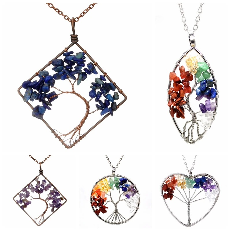 Ожерелье чакры Древо жизни кулон из натурального камня с кристаллом ручная