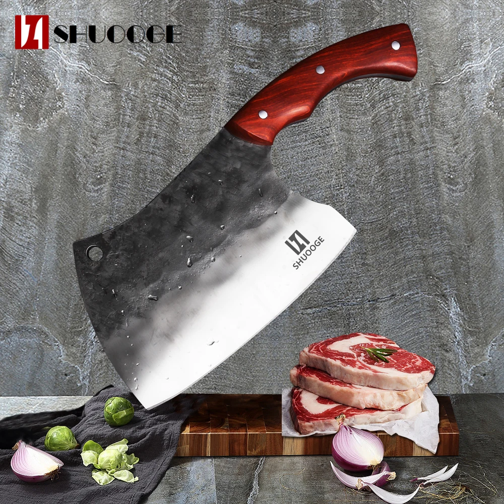 SHUOOGE Very large Full Tang Handmade Chef Knife Hard Clad Steel Blade Butcher Slaughter chinese cleaver For kitchen Knives
