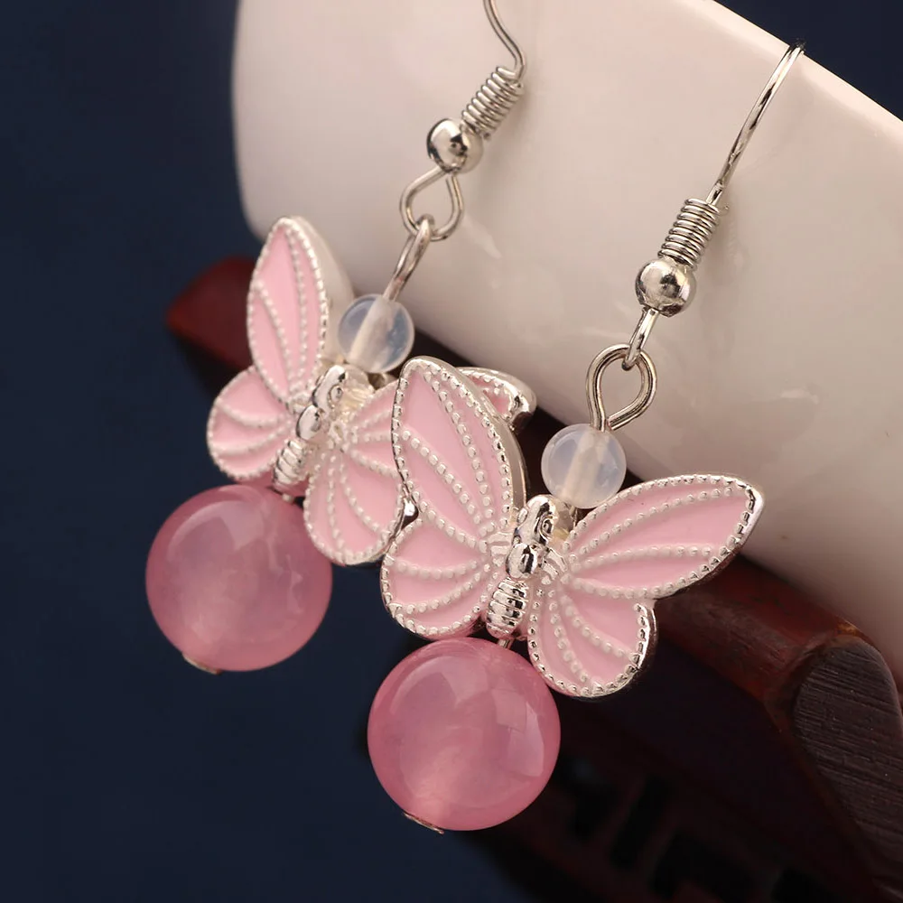 Новые этнические серьги с розовой бабочкой Винтажные капли эмалью для женщин и