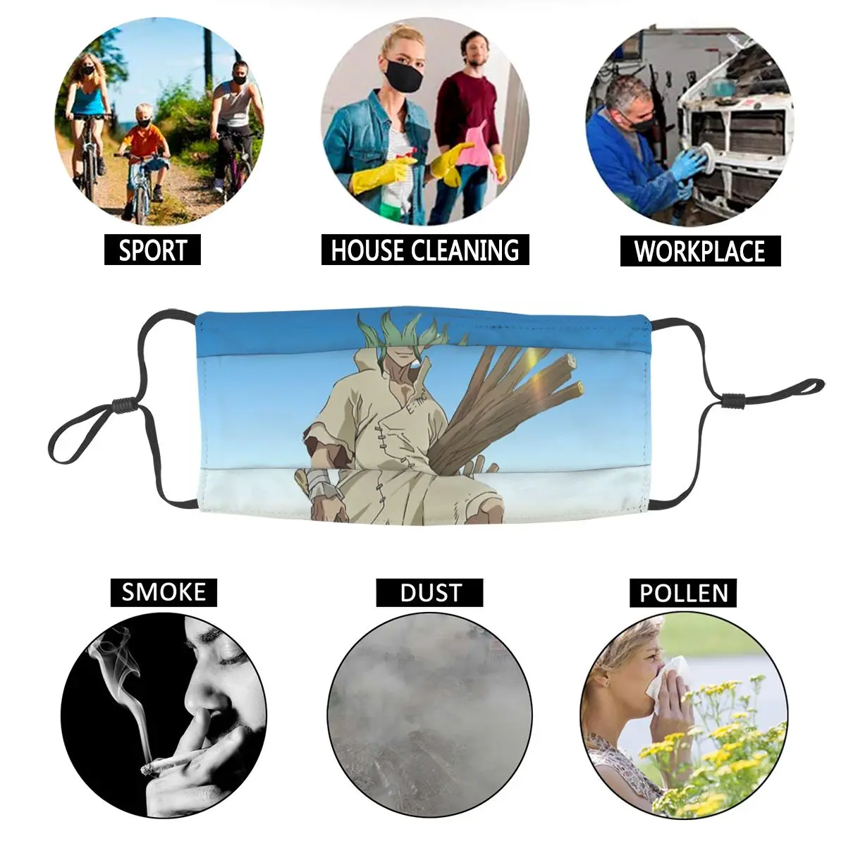 

Dr Stone Non-Disposable Mouth Face Mask Anime Senku Manga Science Anti Haze Dustproof Protection Cover Respirator Mouth Muffle