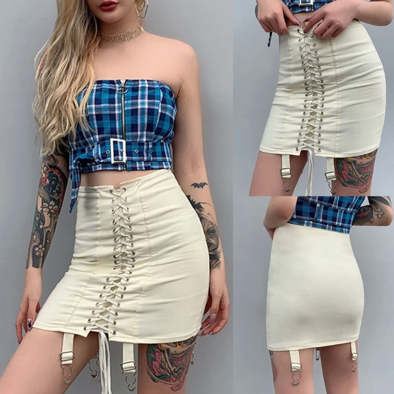 

2021 Women High Waist Crisscross Lace-Up Front Bodycon Mini Pencil Skirt with Garter Belt Harajuku Package Hip Party Clubwear