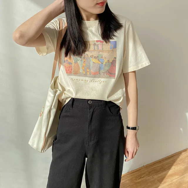 

2021 Female Oil Painting Print T-shirt Women Short Sleeve Loose 100% Cotton Shirt 2021 Female Basic Top Summer Ladies Tees femme