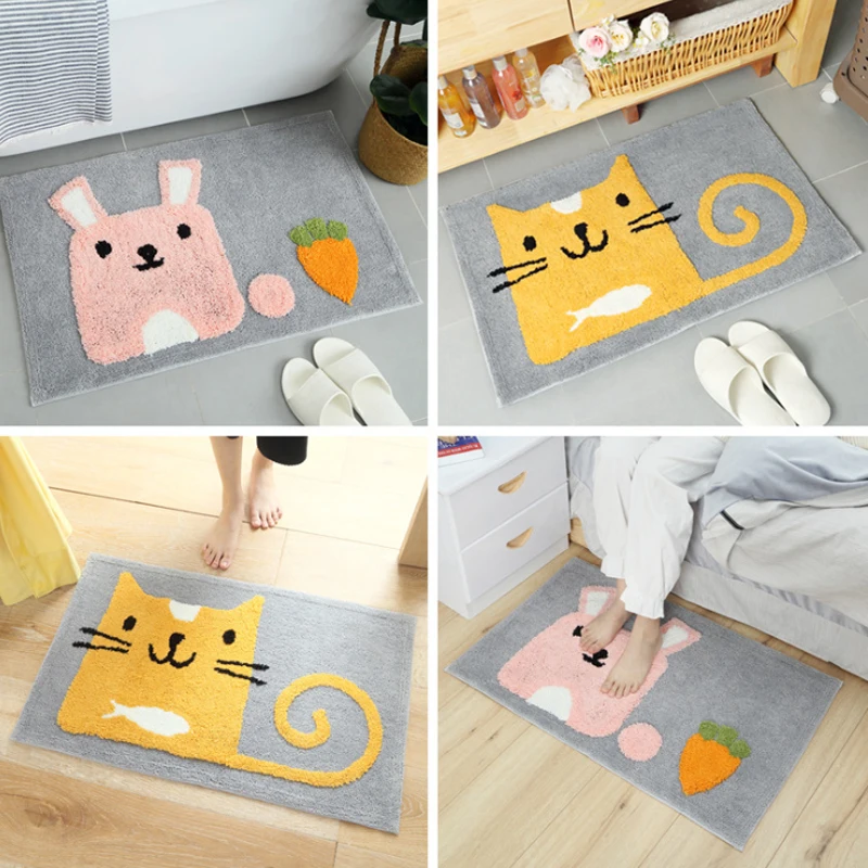 

Water Absorption Rug Fleece Bathroom Kit Toilet Cartoon Pattern Cat Rabbit Bath Mats Floor Carpet Set Mattress for Bathroom Mats