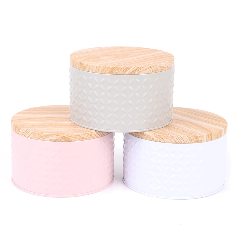 

Round Empty Iron Box With Wood Grain Lid Candy Storage Box Diy Candle Making Jar