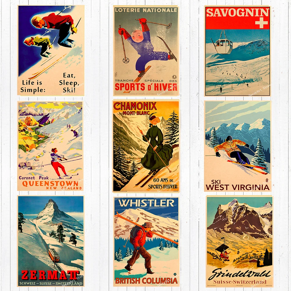 Искусство катания на лыжах в Австралии Франции холст живопись катание винтажные