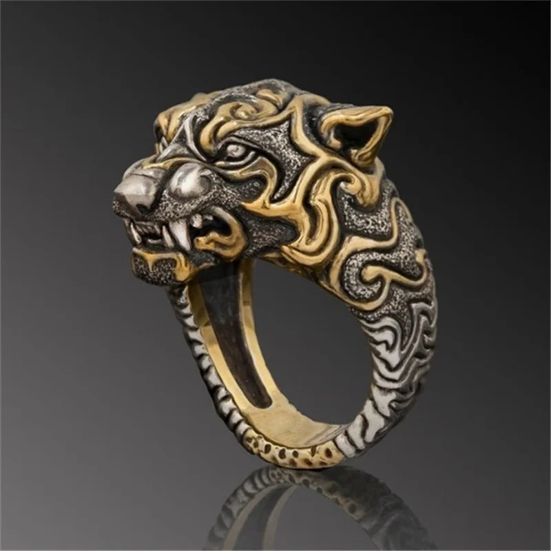 

New punk leopard head ring men's trend retro cheetah fashion two-color tiger head ring nightclub party jewelry gift wholesale