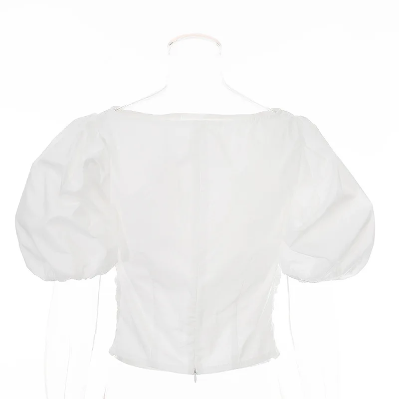 

2020 Summer New Arrivals Streetwear White Short Lantern Sleeve T Shirt Women Slim Top Fashipn Tide Sexy Slim Ruched White Shirt
