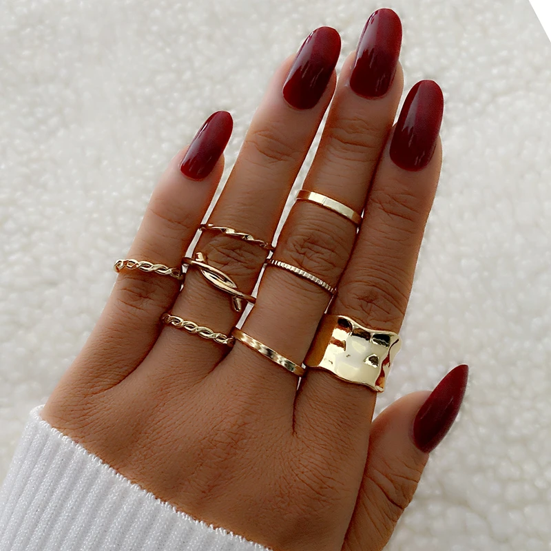 

VKME 8pcs / Set vintage Punk Rock Gold Silver Rings Set For Women Men Fashion Geometric Twist Metal Unusual Ring 2021 Jewelry