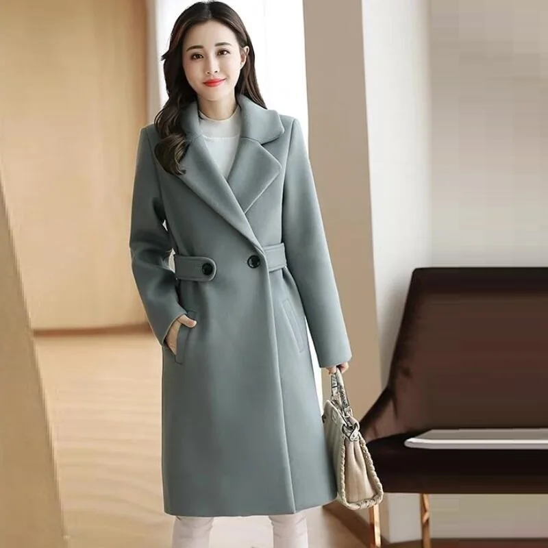 

2021 Winter Clothes Wool Coat belt slim Women Coat Korean Autumn Female Woolen Coat Fashion Double-breasted Jacket Elegant Blend