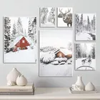 Рождественский снег лес настенные картины красный дом стены искусства холст картины Скандинавии изображение домашний Декор в гостиную плакат