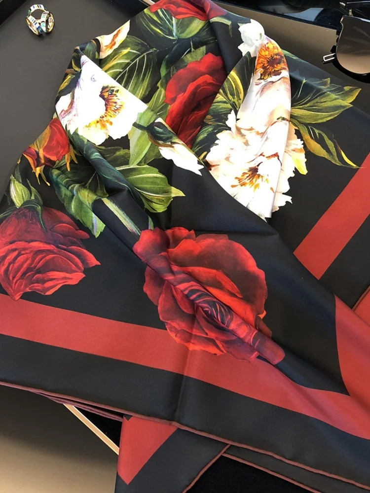 

Italian Style Rose Print 100% Silk Scarf Neckerchief Wraps Womens Luxury Charming Silk Shawl Foulard 2 Side Printing 88*88cm