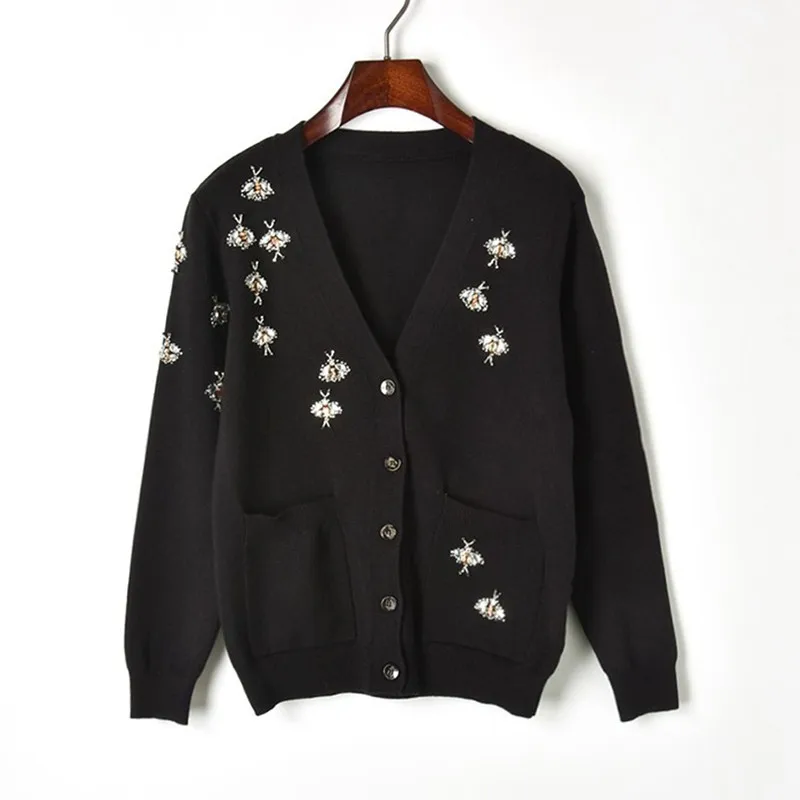 Женский вязаный кардиган с длинным рукавом подиумный свитер бисером вязаное