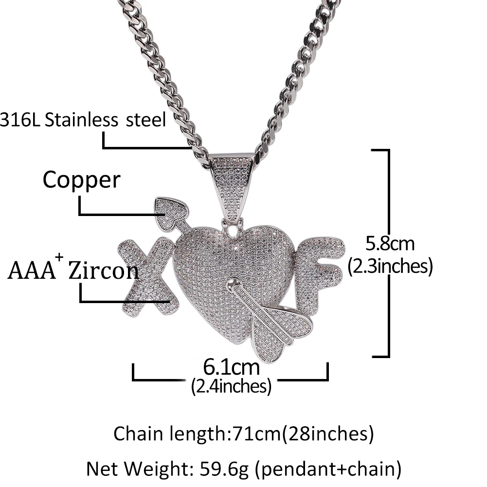 Hip Hop Fully Iced Out Bubble Extra Fine An arrow through a heart Pendant Necklace Mens&Womens Jewelry Gifts Hand Necklace