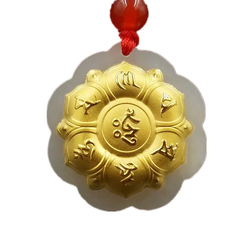 

Drop Shipping Hetian Jade Pendant Gold Jade Six-word Rumor Necklace Lucky Amulet Buddhism Mantra Jewelry For Men Women Gift