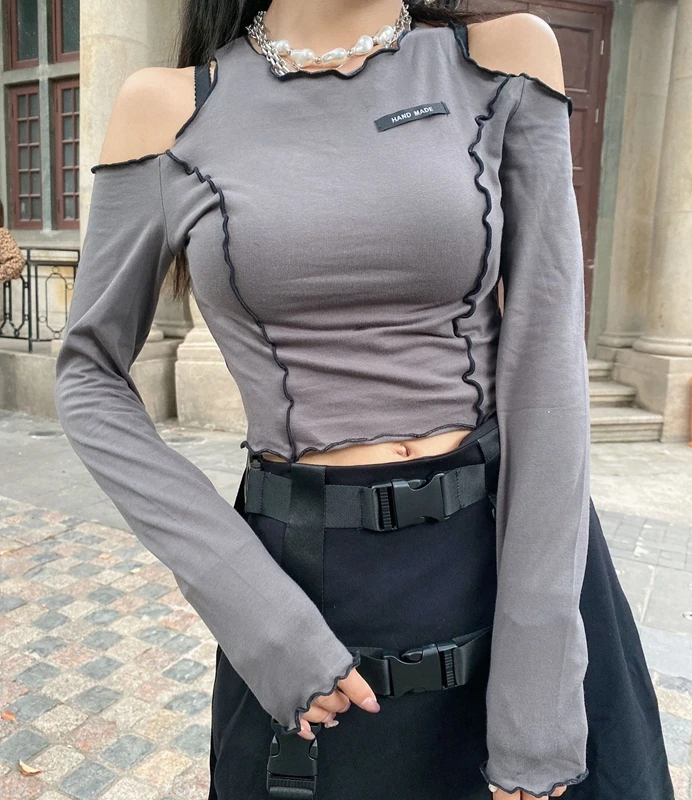

E-girl Patchwork Black T-shirts Gothic Long Sleeve Y2K Crop Tops Ruffles Hem Hip Hop Women Slim Fit Tees Mall Goth Streetwear