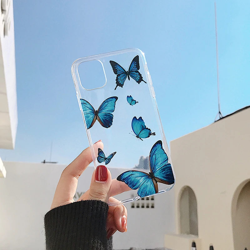 Чехол для телефона LOVECOM Blue Butterfly iPhone 12 Mini 11 Pro Max XR XS 7 8 Plus X прозрачный Ультратонкий