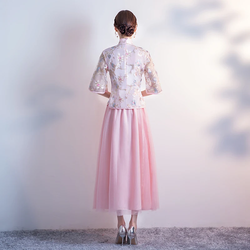 Комплект из 2 предметов платье Чонсам с вышивкой для вечеринки розовое подружки