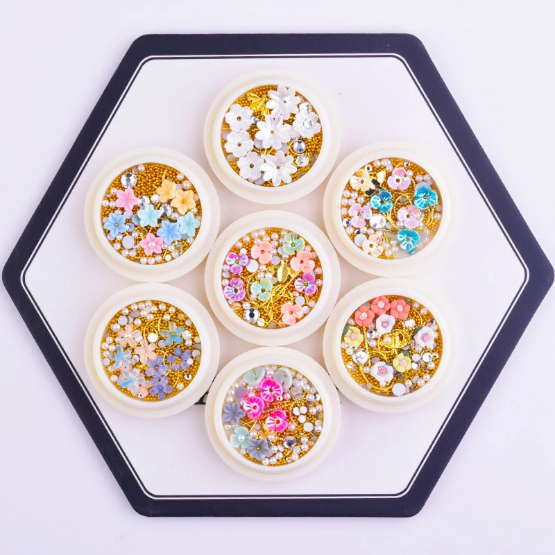 

1 Box Flowers New 3D Nail Decoration Art Nail Sticker Kawaii Flower Charm Nail Sequins Tools for Gel Glitter Flower Rhinestones