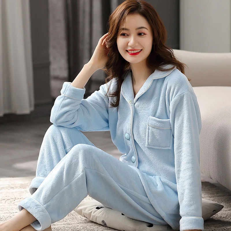 Winter Flannel Pajamas Women PJ Full Sleeves Warm Thicken Pijama Mujer Sleepwear Ladies Green Coral Fleece Pyjama Polaire Femme