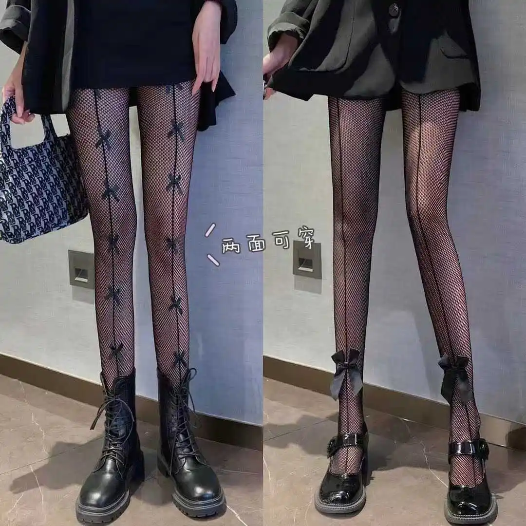 

Autumn and Winter Sexy Cutout Mesh Stockings Thin Bow Leg Shaping Stockings Fishnet Pantyhose Women's Black Long Socks