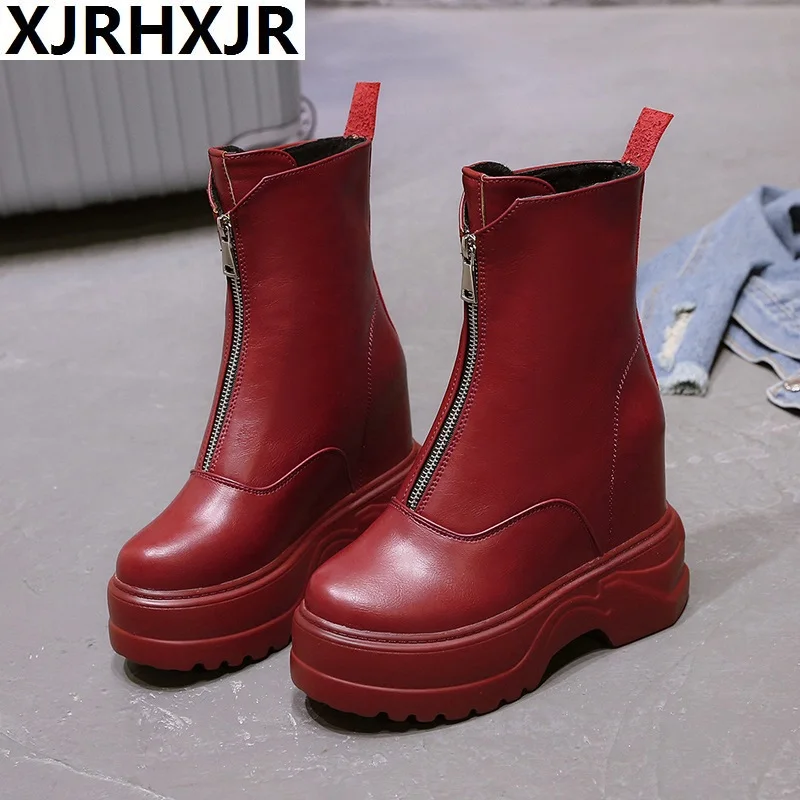 Женские ботильоны на высокой платформе 11 см кожаные кроссовки толстой подошве