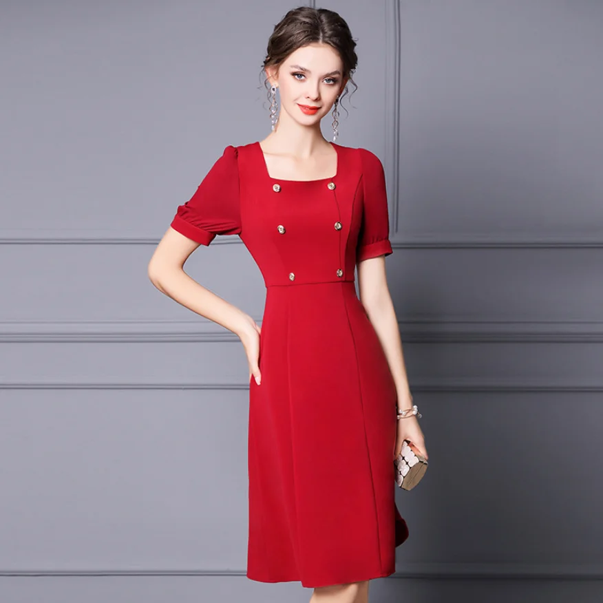

Claret Black Color Square Collar Medium Woman Dress Waist Summer Knee-Length Skirt Puff Short Sleeves Lady Dresses With Buttons