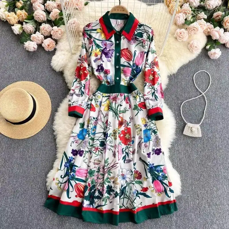 

2021Spring Autumn Fashion Runway High waist Shirt Dress Women Long Sleeve Elegant Floral Stripe Print OL Dress Midi Party Dress