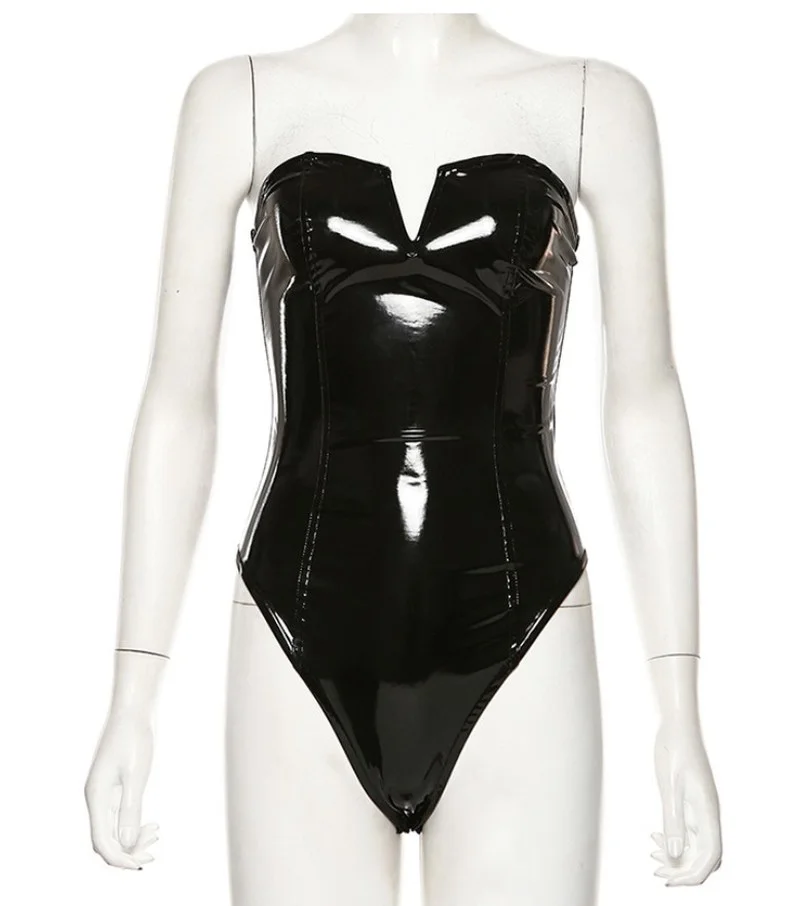 

2021 Black PU Leather Bodysuit Women Tops Strapless Bodycon Rompers Womens Jumpsuit Fashion Playsuits y2k Sexy Party Christmas