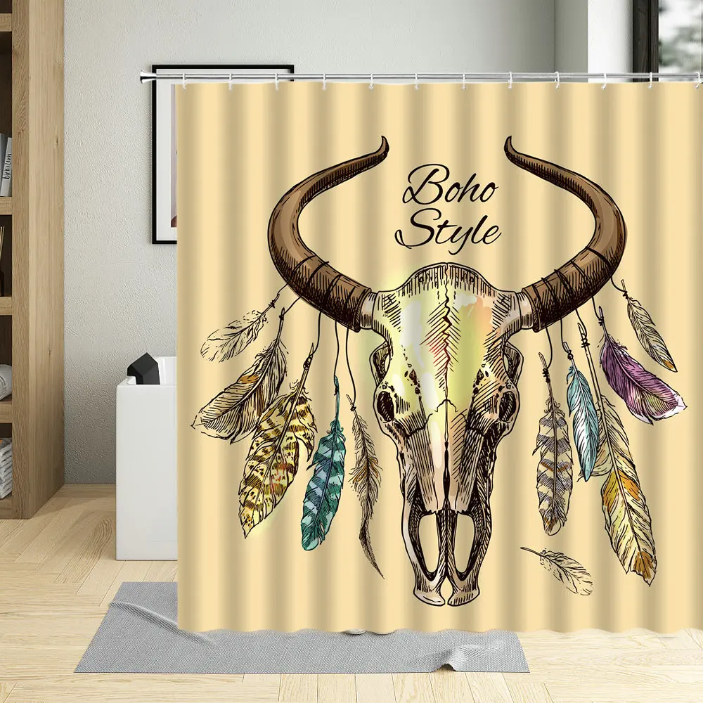 

Занавеска для душа с оленем, декоративный экран в ванную комнату с изображением цветов, перьев, животных, черепа, крючков, водонепроницаемая...