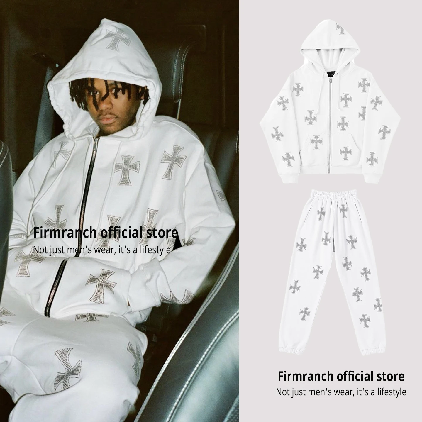 

Firmranch New 2021 The Hottest Style at Ins Cross Shaped Rhinestone White Zip up Hoodies Vibe London Sweater Streetwear Hoodys